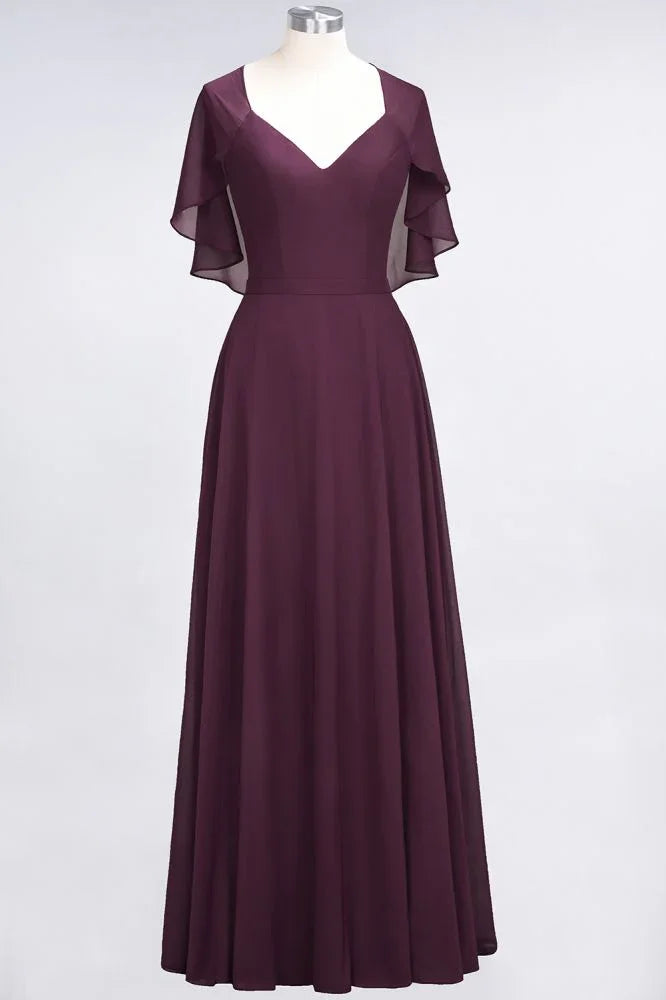 Elegant Satin V-Neck Short Sleeve Princess Bridesmaid Dress Ruffle Chiffon Wedding Guest Dress