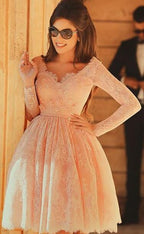 Elegant Short A-line V-neck Lace Prom Dress with Sleeves