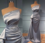 Elegant Silver Long Glitter One Shoulder Sleeveless Sequined Evening Dresses