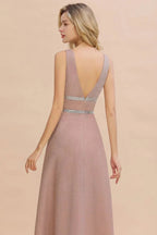 Elegant Sleeveless Aline Evening Swing Dress Bright Silk V-Neck Party Dress