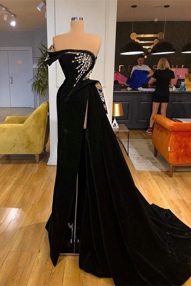 Elegant Strapless Split Front A-line Prom Dress With Beading