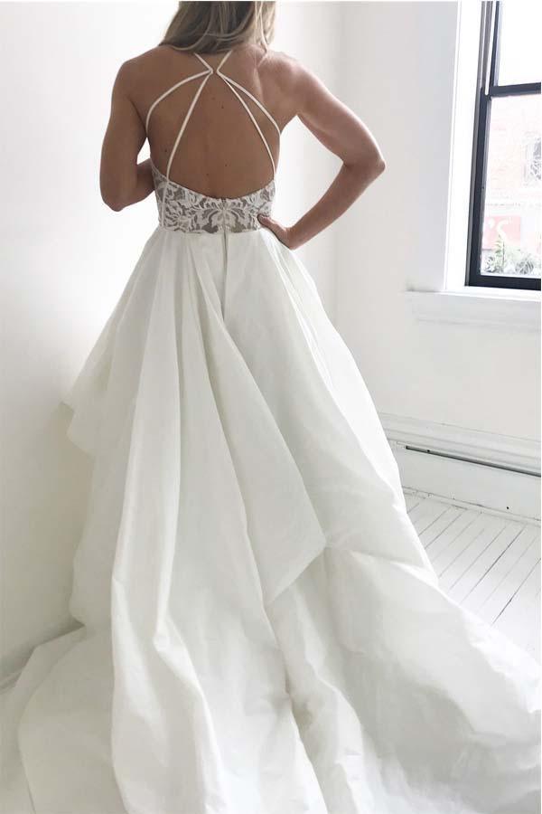 Elegant Straps Ivory Long Wedding Dress with Lace Top