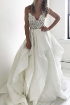 Elegant Straps Ivory Long Wedding Dress with Lace Top