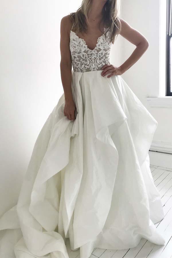 Elegant Straps Ivory Long Wedding Dress with Lace Top