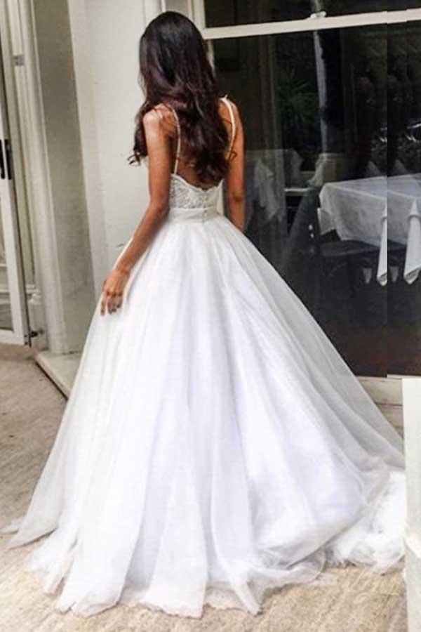 Elegant Sweep Train Backless Wedding Dress with Lace Top Spaghetti Straps