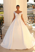 Elegant sweetheart cap sleeves ball gown satin wedding dress sequined