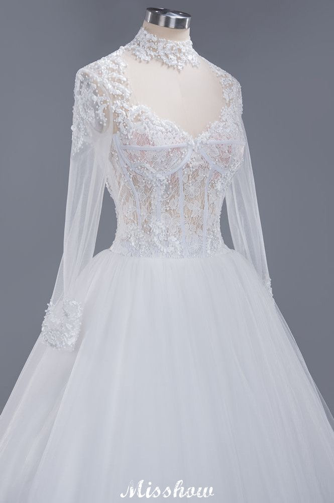 Elegant Tulle Lace Ball Gown High Neck Long Sleeves Floor Length Wedding Dress