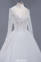 Elegant Tulle Lace Ball Gown High Neck Long Sleeves Floor Length Wedding Dress