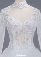 Elegant Tulle Lace Ball Gown High Neck Long Sleeves Floor Length Wedding Dress