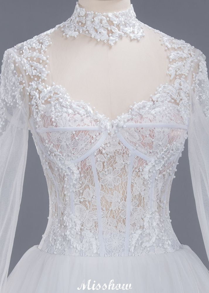 Elegant Tulle Lace Ball Gown High Neck Long Sleeves Floor Length Wedding Dress