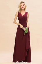 Elegant V-Neck aline Bridesmaid Dress Burgundy Backless Chiffon Party Dress