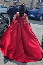 Elegant v-neck capsleeves a-line satin Wedding dresses