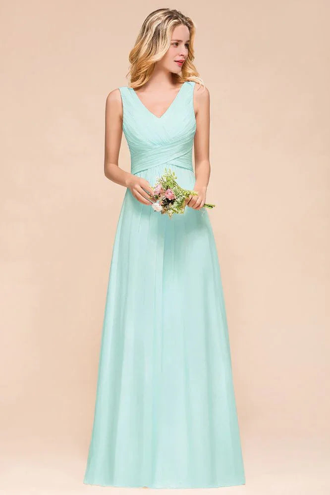 Elegant V-Neck Chiffon Bridesmaid Dress A-line Maxi Wedding Party Dress
