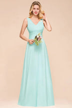 Elegant V-Neck Chiffon Bridesmaid Dress A-line Maxi Wedding Party Dress