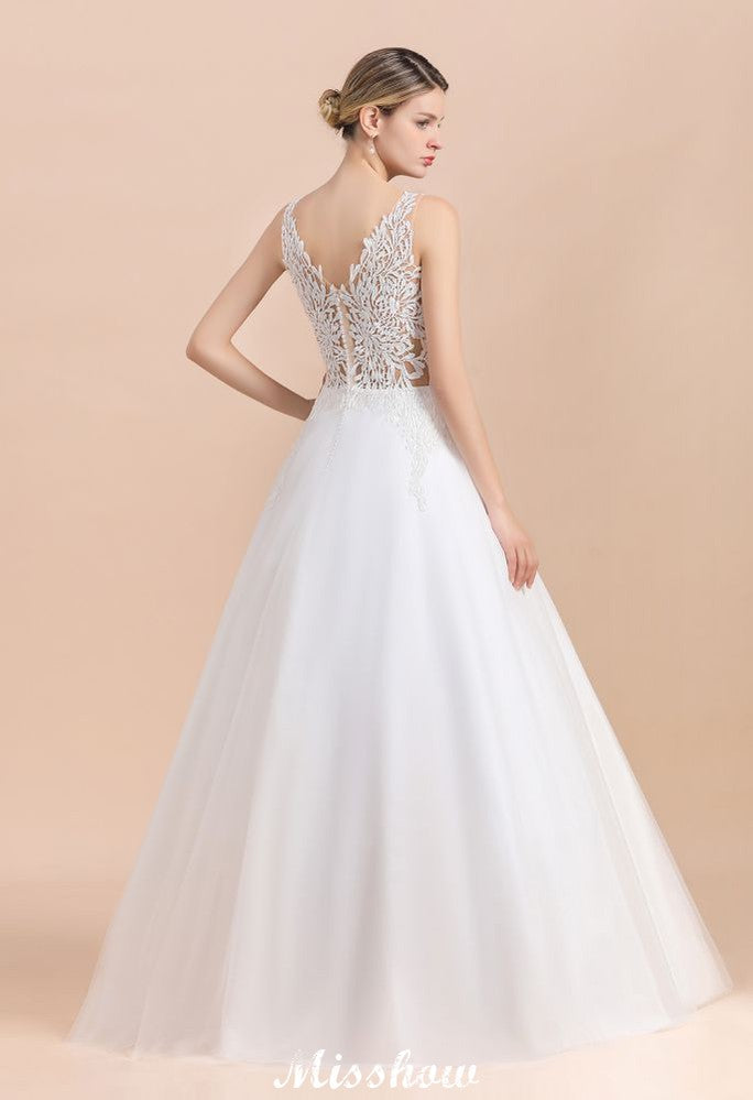 Elegant V-Neck Floral Lace A-line Wedding Dress Beach Sleeveless Tulle Church Dress