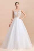 Elegant V-Neck Floral Lace A-line Wedding Dress Beach Sleeveless Tulle Church Dress