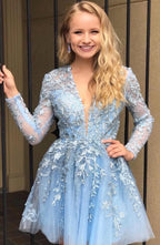 Elegant V-neck Lace Tulle A-line Short Prom Dress with Sleeves
