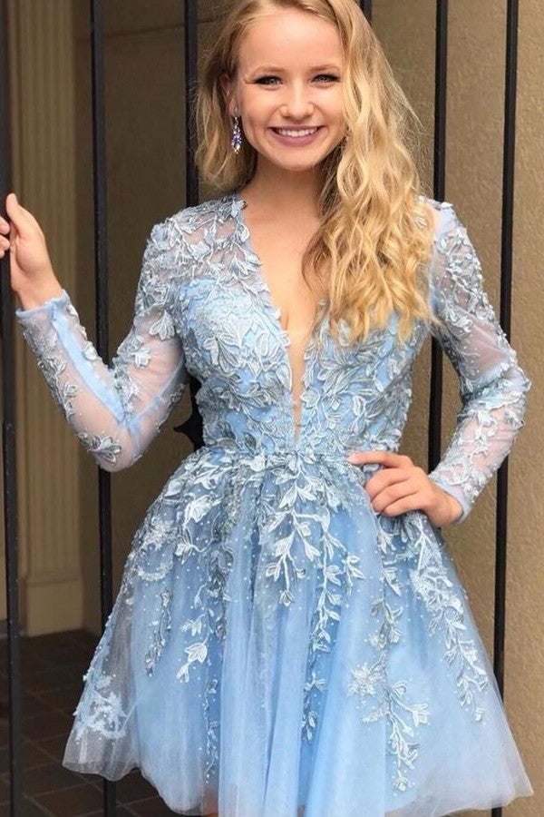 Elegant V-neck Lace Tulle A-line Short Prom Dress with Sleeves