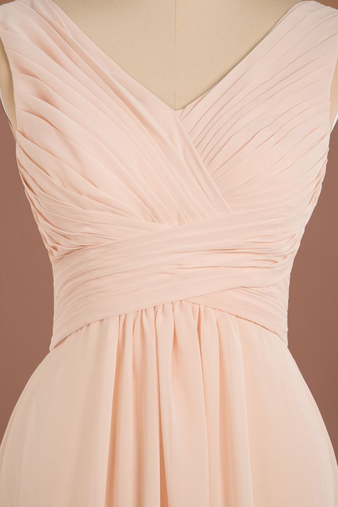 Elegant V-Neck Ruffles Simple Formal Dresses | A-Line Sleeveless Chiffon Evening Dresses