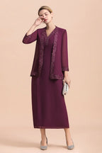 Elegant V-Neck SLeeveless Apppliques Grape Mother of Bride Dress with Wraps