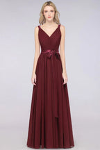 Elegant V-Neck Strap Backless Ruffles Chiffon Floor-Length Bridesmaid Dress