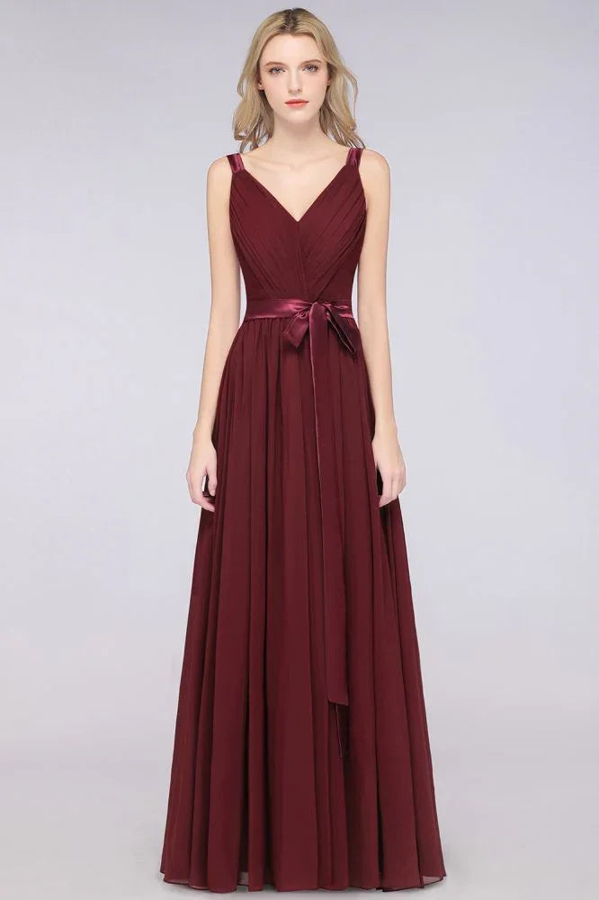 Elegant V-Neck Strap Backless Ruffles Chiffon Floor-Length Bridesmaid Dress