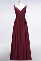 Elegant V-Neck Strap Backless Ruffles Chiffon Floor-Length Bridesmaid Dress