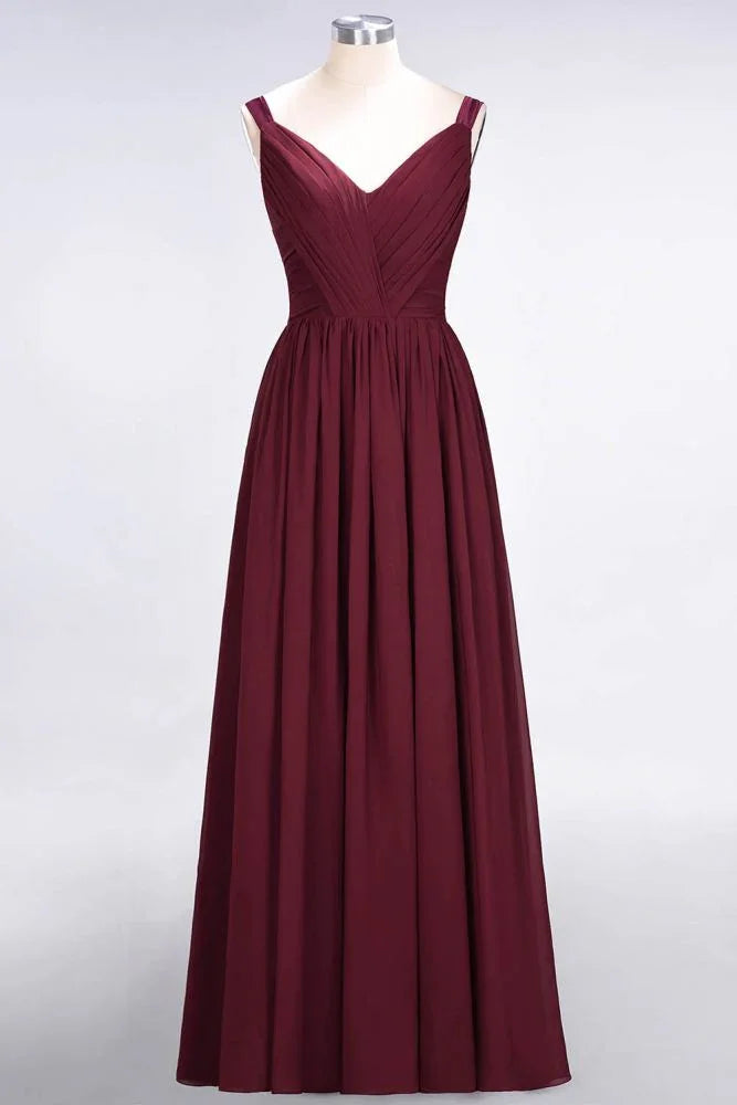 Elegant V-Neck Strap Backless Ruffles Chiffon Floor-Length Bridesmaid Dress