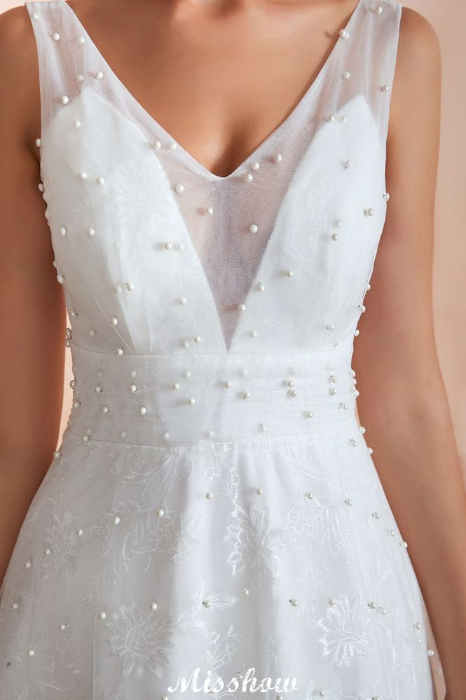 Elegant V-Neck Tulle Pearls Wedding Dress Beach Bridal Gown