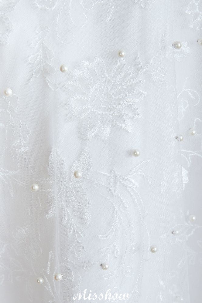 Elegant V-Neck Tulle Pearls Wedding Dress Beach Bridal Gown