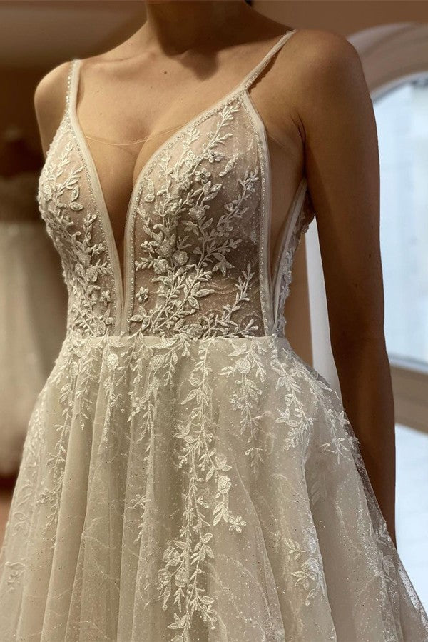 Elegant White Long A-line V-neck Tulle Backless Lace Wedding Dresses