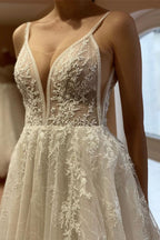 Elegant White Long A-line V-neck Tulle Backless Lace Wedding Dresses