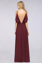 Elgant Ruffles Chiffon Floor-Length Bridesmaid Dress Aline Pearls Sleeveless Wedding Party Dress