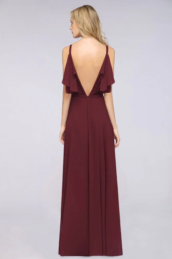 Elgant Ruffles Chiffon Floor-Length Bridesmaid Dress Aline Pearls Sleeveless Wedding Party Dress