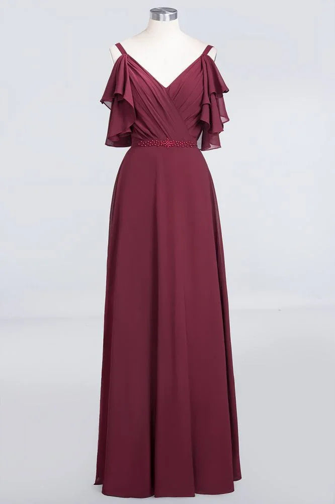 Elgant Ruffles Chiffon Floor-Length Bridesmaid Dress Aline Pearls Sleeveless Wedding Party Dress