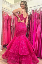 Elysian | Hunter Green V-Neck Lace Applique Layered Mermaid Prom Dress
