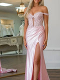 Eseld | Mermaid Sweetheart Pink Satin Long Prom Dresses With Split