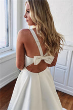 Excellent Long A-line Straps Bow Backless Wedding Dresses with Pockets