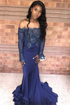 Excellent Long Mermaid Off-the-shoulder Appliques Lace Prom Dress with Sleeves