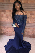 Excellent Long Mermaid Off-the-shoulder Appliques Lace Prom Dress with Sleeves