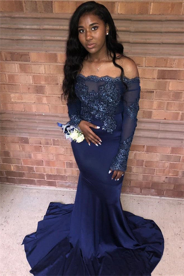 Excellent Long Mermaid Off-the-shoulder Appliques Lace Prom Dress with Sleeves