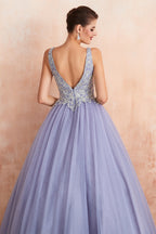 Excellent Long Princess V-neck Sleeveless Tulle Backless Prom Dress