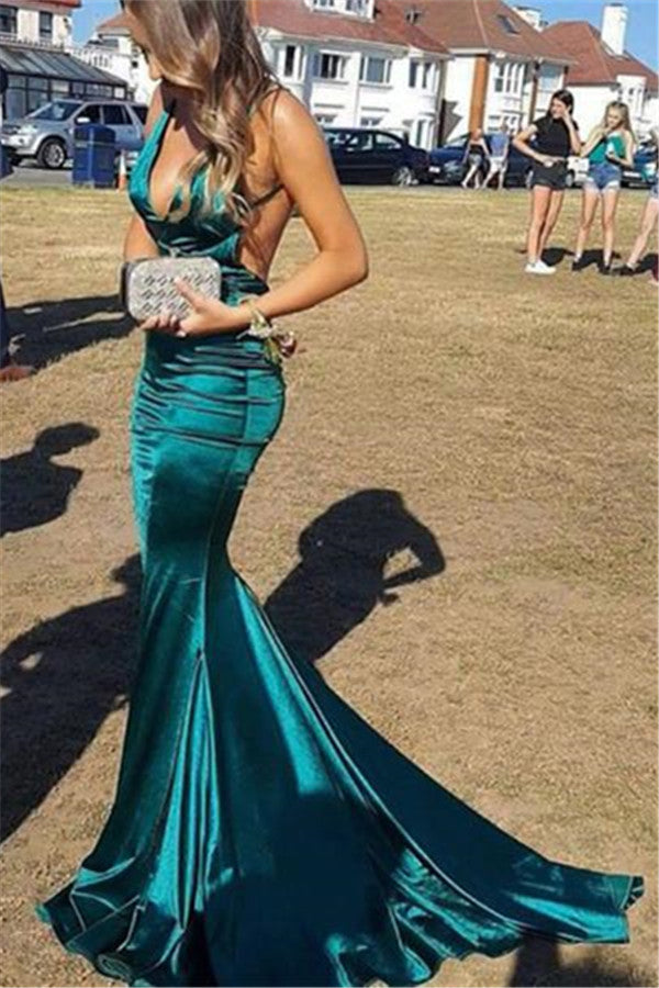 Excellent Long V-neck Mermaid Backless Prom Dress