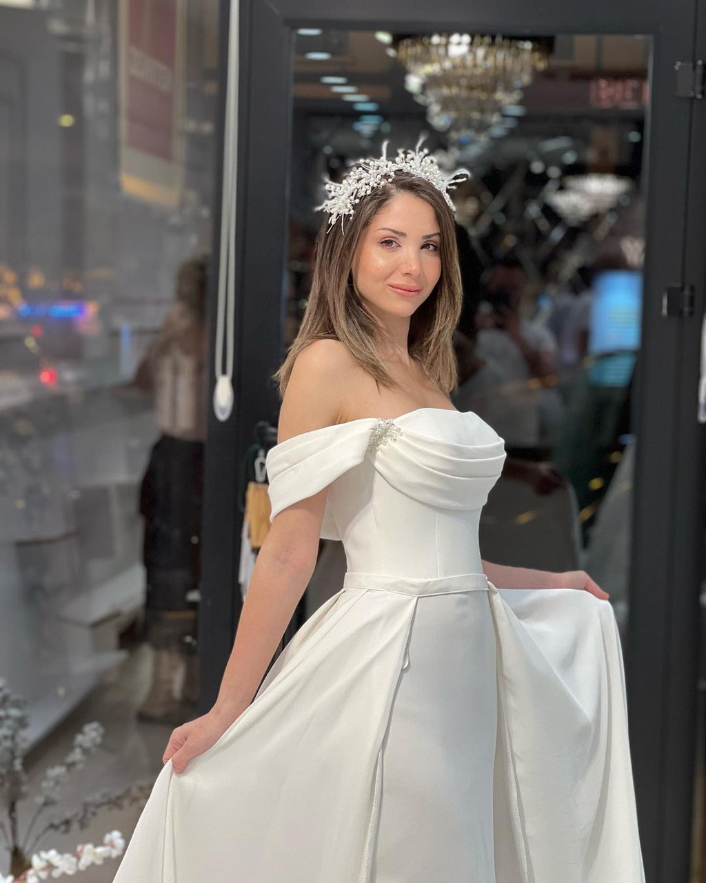 Exquisite Floor Length Off-The-Shoulder A-Line Satin Wedding Dress with Beads