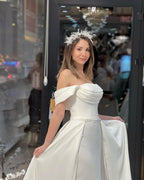 Exquisite Floor Length Off-The-Shoulder A-Line Satin Wedding Dress with Beads