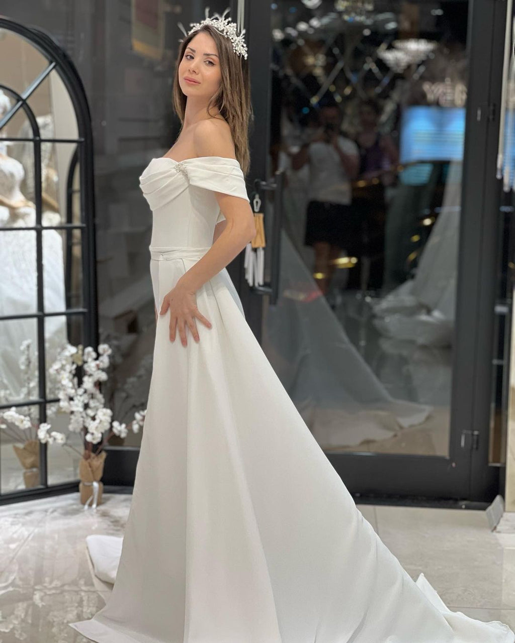 Exquisite Floor Length Off-The-Shoulder A-Line Satin Wedding Dress with Beads