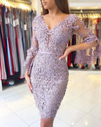 Exquisite Lace Flowers Short Prom Dresses with Sleeves