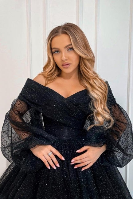 Exquisite Long Black A-line Ankle Length Off-the-shoulder Prom Dress with Long Sleeves
