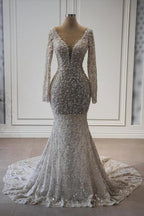 Exquisite Long Mermaid V-neck Lace Long Sleeves Wedding Dress with Pearls