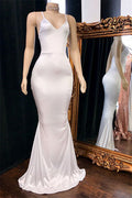 Eye-catching Long Mermaid Spaghetti Straps V-neck White Prom Dress